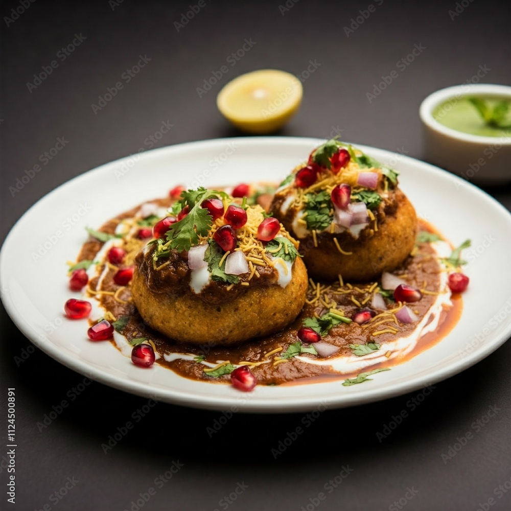 Golden Tikki with Rich Chole and a Garnish of Pomegranate Seeds Golden Tikki with Rich Chole and a Garnish of Pomegranate Seeds