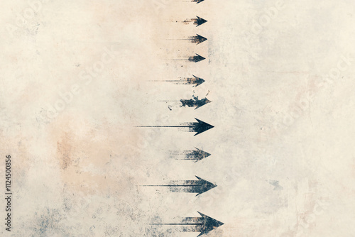 Minimalist abstract artwork of arrows aligned vertically with fading details on a textured beige background  
