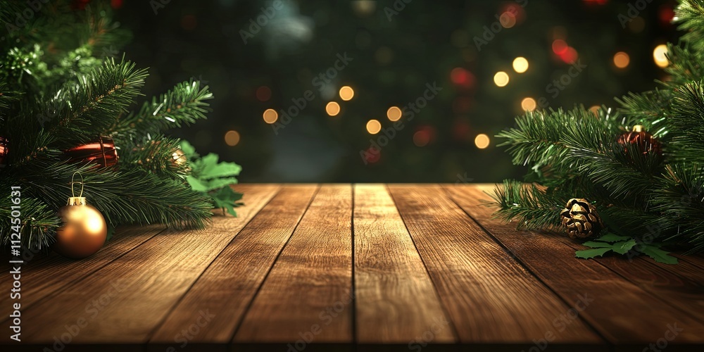 Christmas Wooden Table Background with Fir Branches and Ornaments Christmas Wooden Table Background with Fir Branches and Ornaments