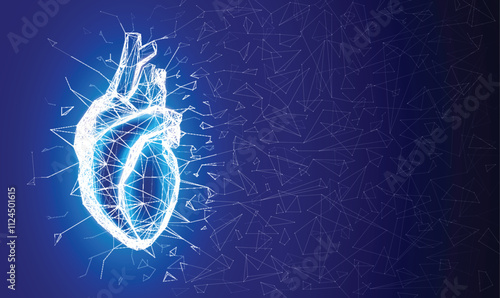 3D illustration of geometric structure connected to form a human heart shape on a dark blue background. Used in medicine, education, science, advertising and industry.