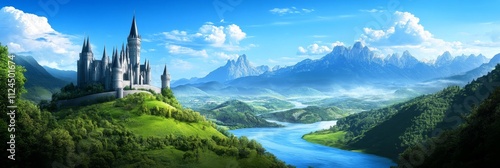 Majestic Castle Valley Landscape - Serene castle, lush valley, winding river, majestic mountains, blue sky. Symbolising peace, fantasy, adventure, escape, royalty.