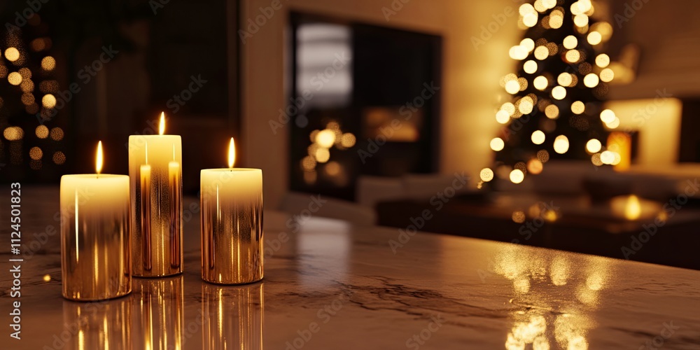 Golden Candles Glow on Marble Table Christmas Lights Background Golden Candles Glow on Marble Table Christmas Lights Background