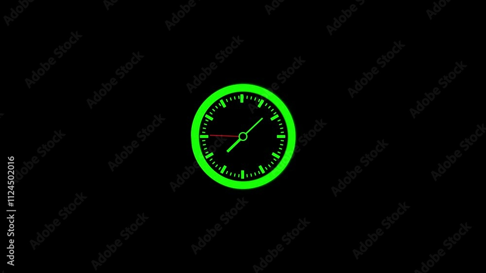 GREEN  clock icon with moving arrows in 12 hour loop. Stopwatch animation. clock icon animation is a circular shape with hour and minute hands, symbolizing time or scheduling.