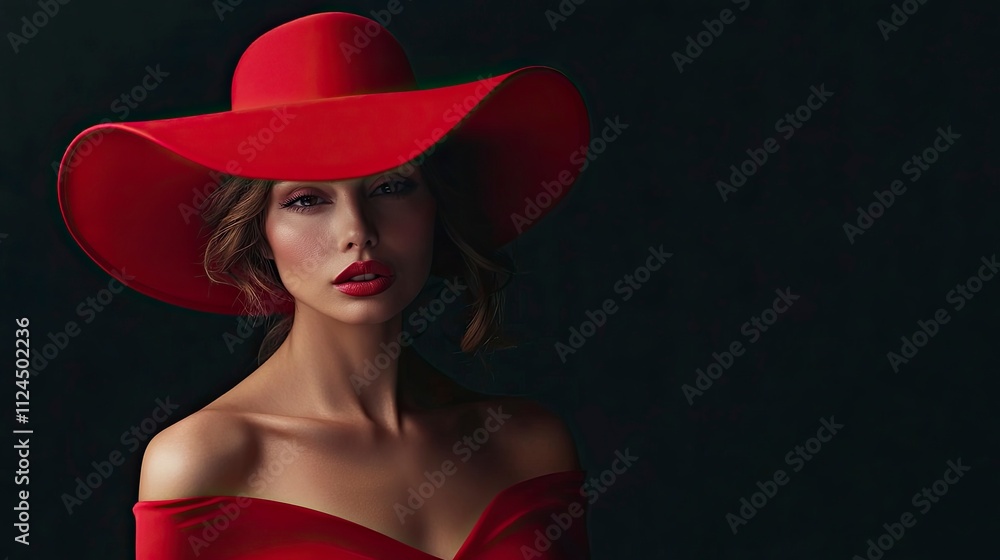 Valentine's Day. Loving woman. Beautiful female model in a red dress and red wide broad brim hat on black. Copy space. Valentine's Day. Loving woman. Beautiful female model in a red dress and red wide broad brim hat on black. Copy space.