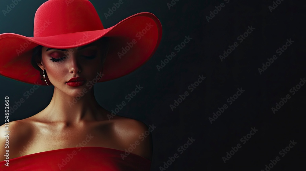 Valentine's Day. Loving woman. Beautiful female model in a red dress and red wide broad brim hat on black. Copy space. Valentine's Day. Loving woman. Beautiful female model in a red dress and red wide broad brim hat on black. Copy space.
