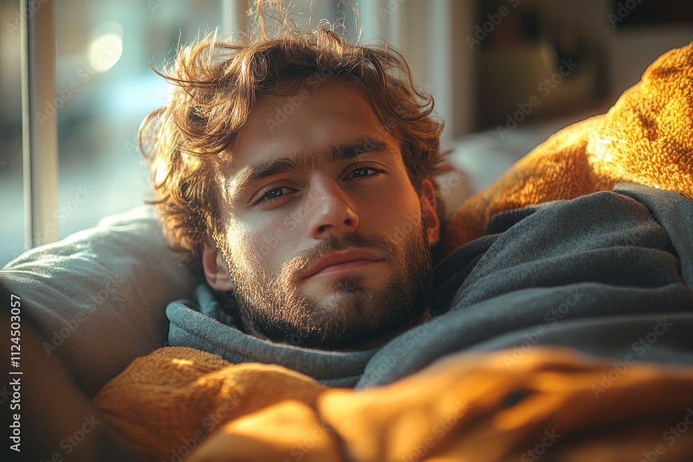 Fototapeta premium Stressed man sitting on couch at home suffering from migraine headache with blurry vision dizziness and high blood pressure