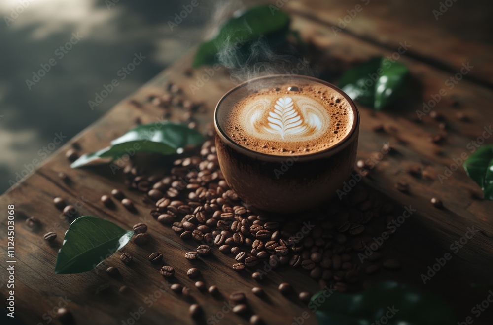 Warm Cup of Coffee with Beautiful Latte Art on Wooden Table Surrounded by Coffee Beans and Green Leaves, Evoking Relaxation and Comfort in a Cozy Setting Warm Cup of Coffee with Beautiful Latte Art on Wooden Table Surrounded by Coffee Beans and Green Leaves, Evoking Relaxation and Comfort in a Cozy Setting