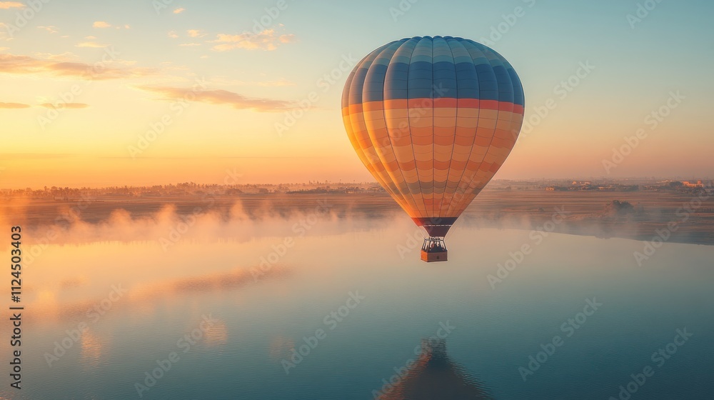 Fototapeta premium Hot air balloon floating over a serene lake at sunrise.
