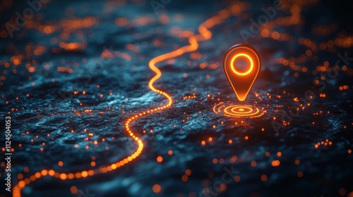 A glowing map with a location pin and illuminated path.