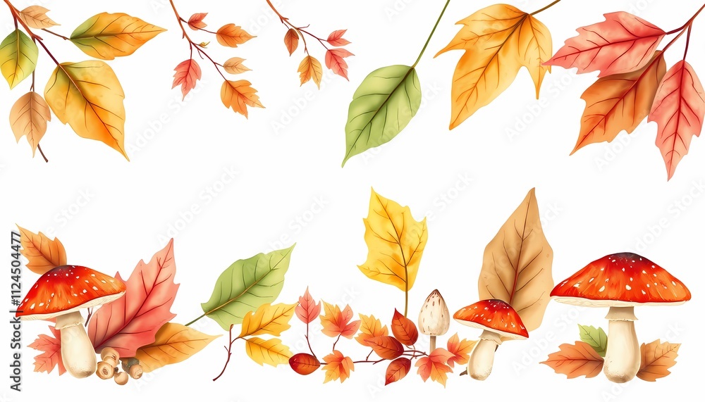 Obraz premium Watercolor Autumn Leaves and Mushrooms Set