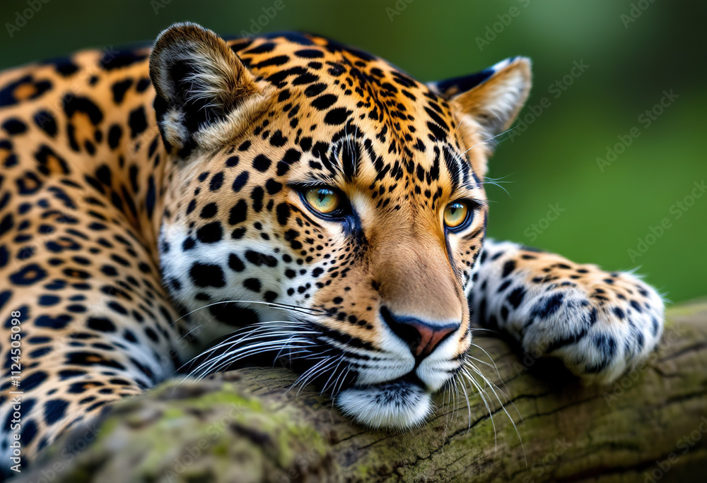 Fototapeta premium A close-up of a jaguar with its head resting on a branch. The jaguar has a distinctive spotted coat pattern and intense eyes, and is set against a vibrant green background
