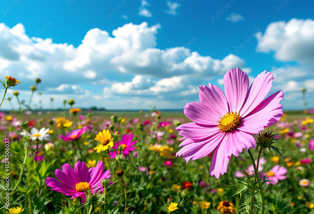 A field of colorful wildflowers against a blue sky with fluffy white clouds