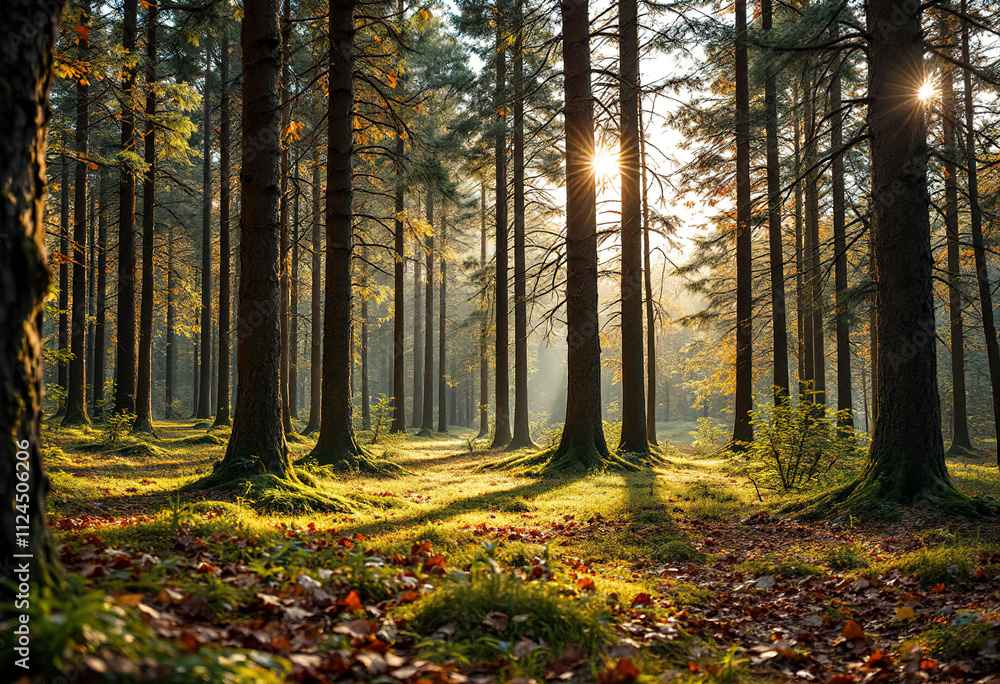 Fototapeta premium A forest with tall pine trees and a grassy floor covered in fallen leaves