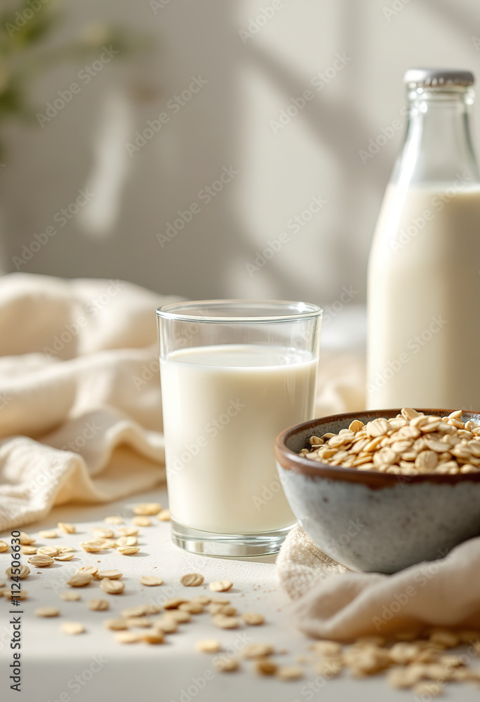 A glass of oat milk with a bottle of oat milk in the background, along with a bowl of oats on a light colored surface A glass of oat milk with a bottle of oat milk in the background, along with a bowl of oats on a light colored surface
