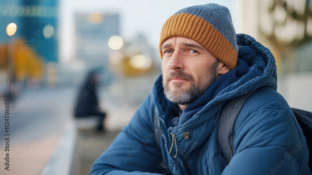 Thoughtful man in winter attire gazes into the distance, reflecting on life during a cool urban afternoon Thoughtful man in winter attire gazes into the distance, reflecting on life during a cool urban afternoon