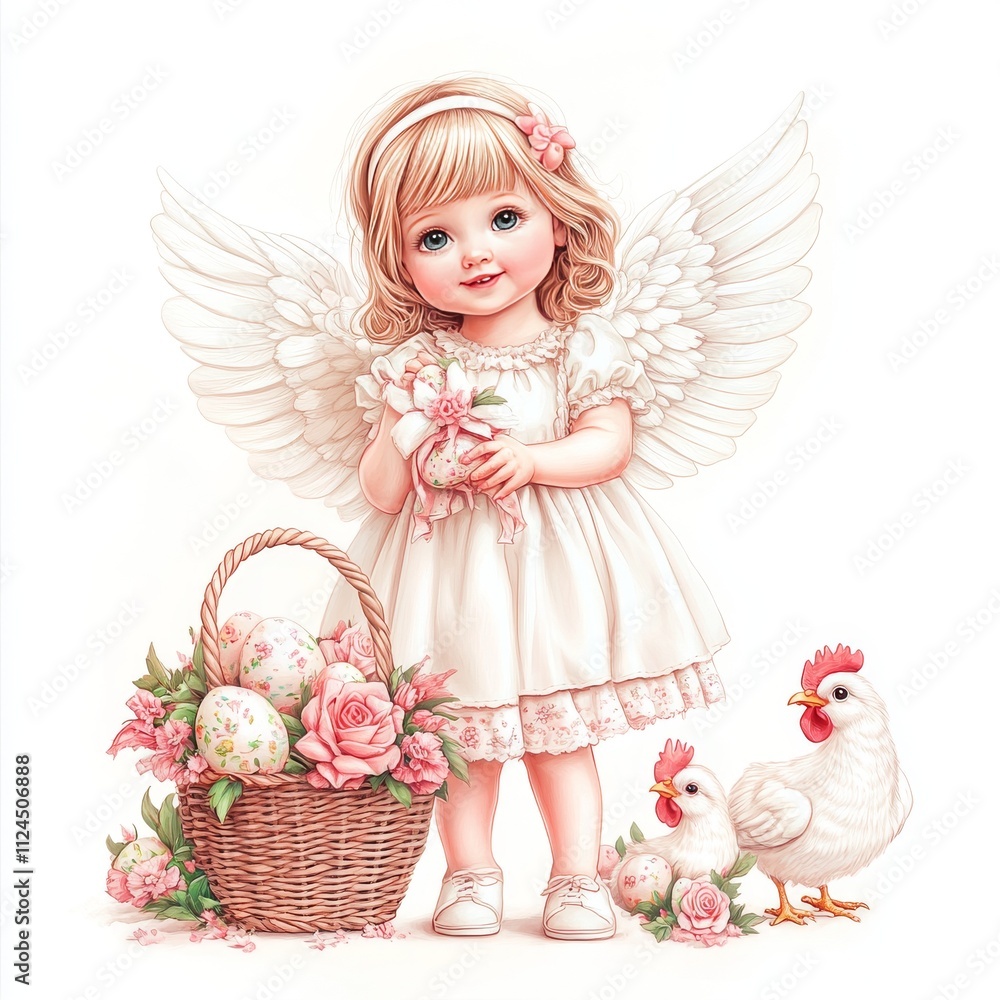 Fototapeta premium Magical Easter Moment with Angel Girl, Chickens, and Spring Flowers on White Background