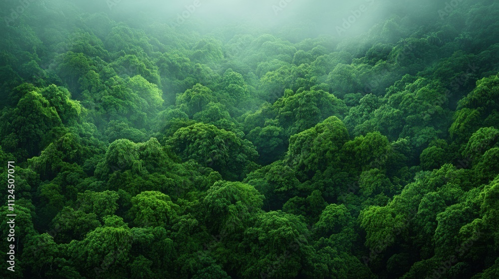 Lush Green Forest Canopy Surrounded by Mist and Soft Light Highlighting Dense Foliage and Natural Beauty Lush Green Forest Canopy Surrounded by Mist and Soft Light Highlighting Dense Foliage and Natural Beauty