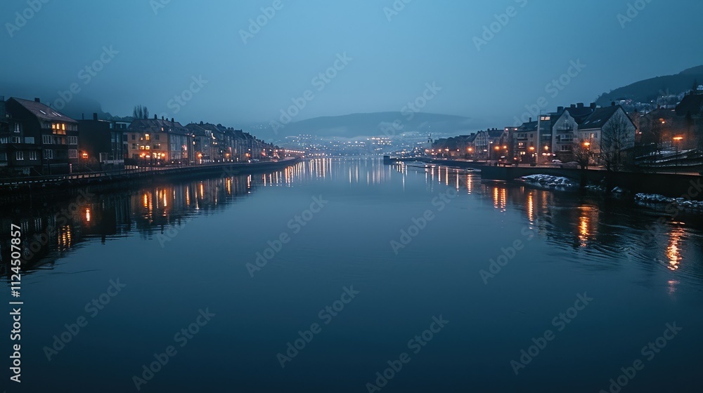 Serene twilight cityscape reflected in calm river waters. Serene twilight cityscape reflected in calm river waters.