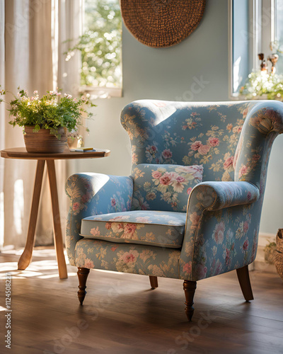 blooming blue floral chair, accent chair, cottage style chair, armchair, bedroom furniture, floral accent chair, elegant chair design, cottage decor, blue floral print, comfortable armchair, bedroom s photo