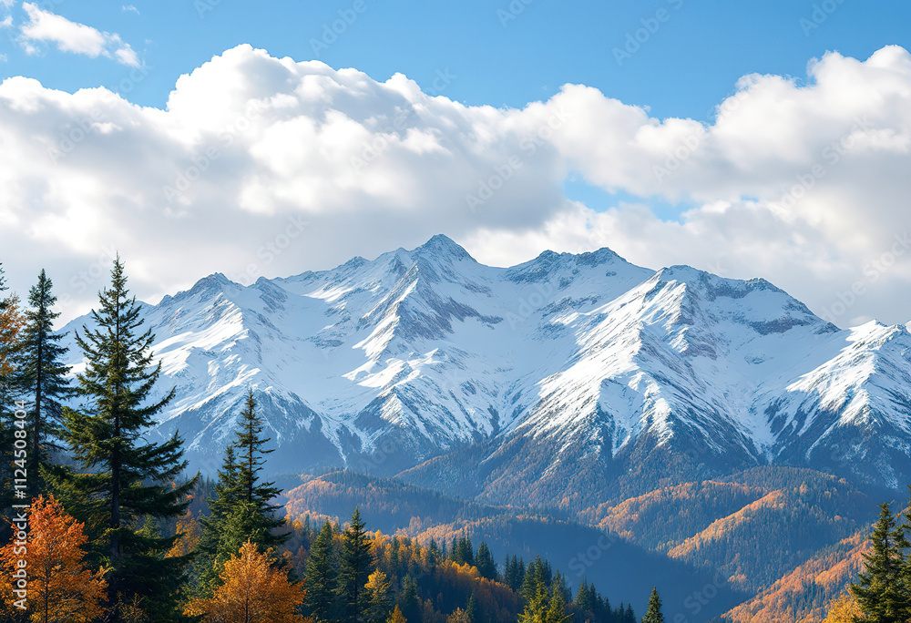 A snowy mountain range with pine trees and fall foliage in the foreground, set against a blue sky with fluffy white clouds A snowy mountain range with pine trees and fall foliage in the foreground, set against a blue sky with fluffy white clouds
