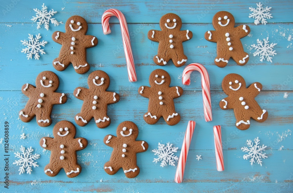 Fototapeta premium Gingerbread cookies with candy canes and snowflakes