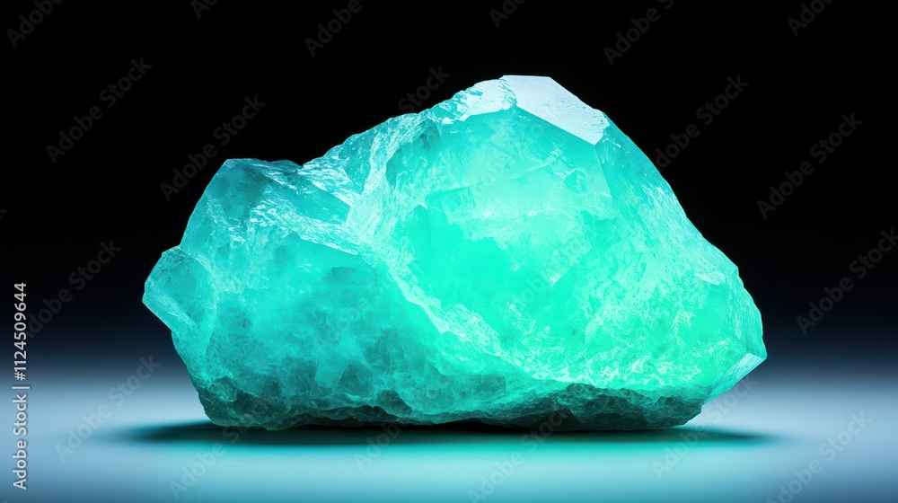 A vibrant turquoise crystal rock with intricate facets, showcasing its natural beauty and glowing texture against a dark background. A vibrant turquoise crystal rock with intricate facets, showcasing its natural beauty and glowing texture against a dark background.