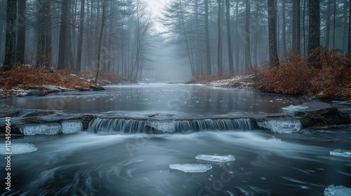Misty Forest Creek with Gentle Waterfall  
