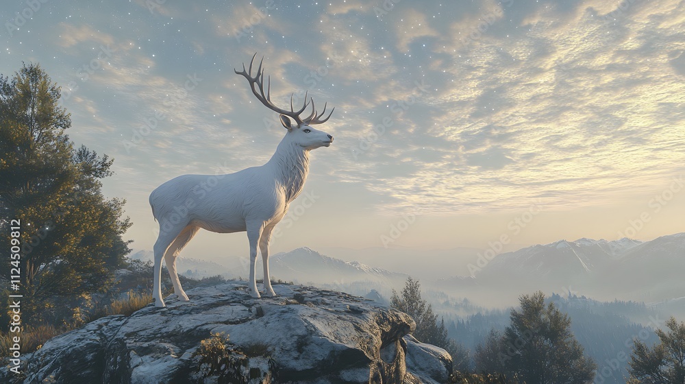 Naklejka premium A majestic white deer with perfect antlers, in the beautiful mountains