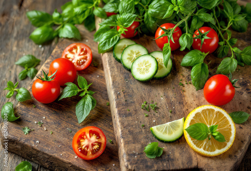 Basil, tomatoes, cucumber and lemon slices with fresh herbs on an old wooden board