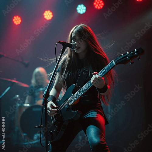 rockstar woman singer sing with guitar on stage