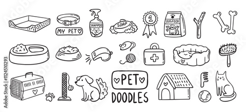 Pet Cat and Dog doodle hand drawn set elements. Pet stuff drawing isolated icons