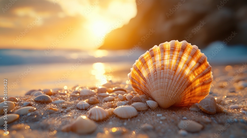 Seashell on Sandy Beach at Sunset Close-Up with Warm Light and Soft Bokeh Seashell on Sandy Beach at Sunset Close-Up with Warm Light and Soft Bokeh