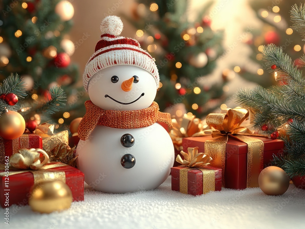 Cheerful Snowman Christmas Template with Decorated Pine Trees and Colorful Presents Cheerful Snowman Christmas Template with Decorated Pine Trees and Colorful Presents