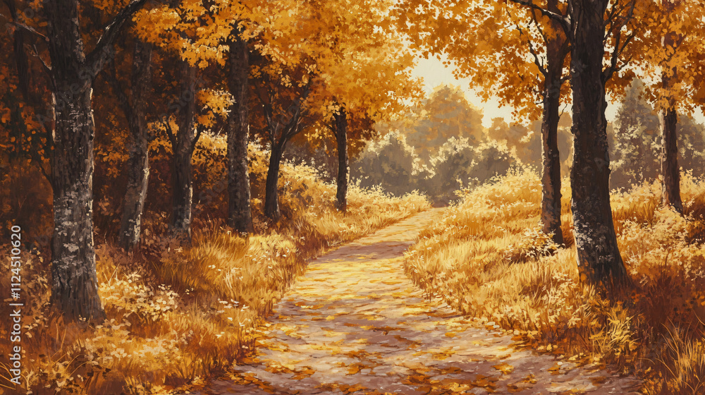 A hiking trail surrounded by trees with vibrant autumn leaves, with golden hues illuminating the path in the soft morning light. A hiking trail surrounded by trees with vibrant autumn leaves, with golden hues illuminating the path in the soft morning light.