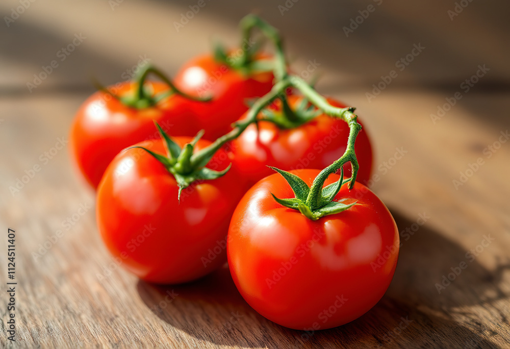 Ripe red tomatoes on a wooden surface, with green stems Ripe red tomatoes on a wooden surface, with green stems