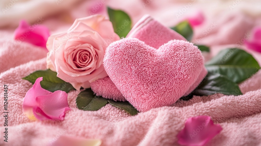 Hotel towel folding heart in bed and around with rose flower design for looking Beautiful. Valentine's Day celebration. Hotel towel folding heart in bed and around with rose flower design for looking Beautiful. Valentine's Day celebration.