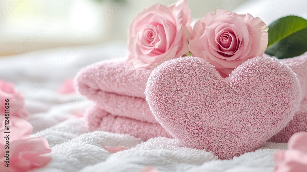 Hotel towel folding heart in bed and around with rose flower design for looking Beautiful. Valentine's Day celebration. Hotel towel folding heart in bed and around with rose flower design for looking Beautiful. Valentine's Day celebration.
