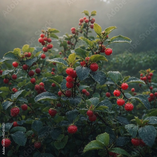 A berry bush in a morning mist. photo