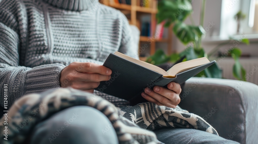A person is reading a book while sitting comfortably in a gray armchair wrapped in a blanket. A person is reading a book while sitting comfortably in a gray armchair wrapped in a blanket.