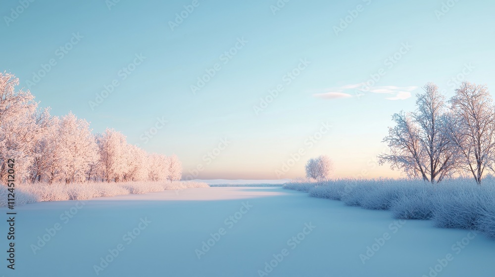 Serene Winter Landscape with Frosty Trees and Calm Waterscape Serene Winter Landscape with Frosty Trees and Calm Waterscape