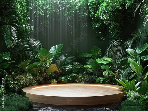 Wallpaper Mural Wooden Podium in a Tropical Jungle with Lush Green Plants and Soft Lighting for Product Presentation Torontodigital.ca