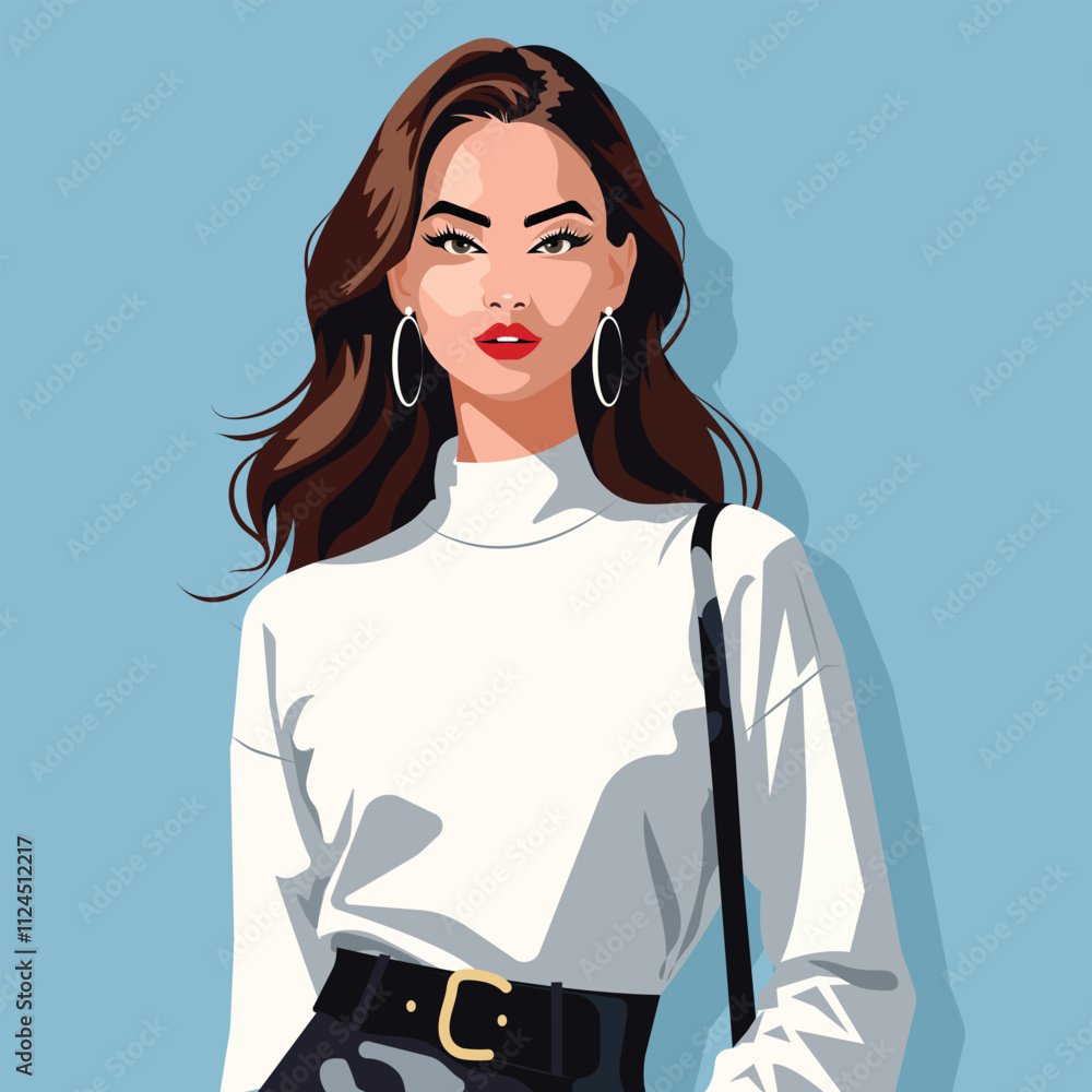 A pretty young woman in a comfortable white knee-high socks and a leather skirt with a belt. Fashion illustration, flat vector.
A pretty young woman in a comfortable white knee-high socks and a leather skirt with a belt. Fashion illustration, flat vector.