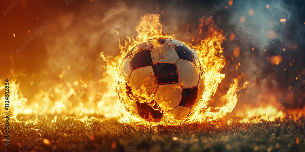 Fototapeta premium Fiery Soccer Ball Surrounded by Flames on Grass Field with Dramatic Lighting and Vivid Colors for Sports and Action Themes