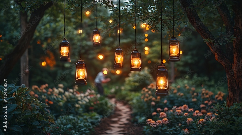 Magical Dusk Garden with Hanging Lanterns Softly Illuminating the Flower Beds Magical Dusk Garden with Hanging Lanterns Softly Illuminating the Flower Beds