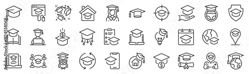 Set of 30 outline icons related to graduation hat, education. Linear icon collection. Editable stroke. Vector illustration	