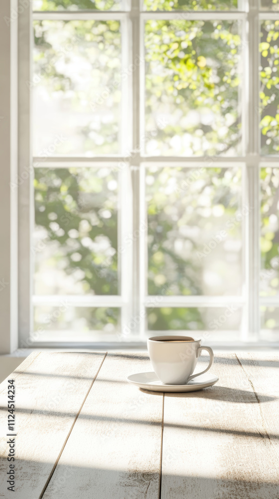 Light wooden table with coffee cup near bright window Light wooden table with coffee cup near bright window