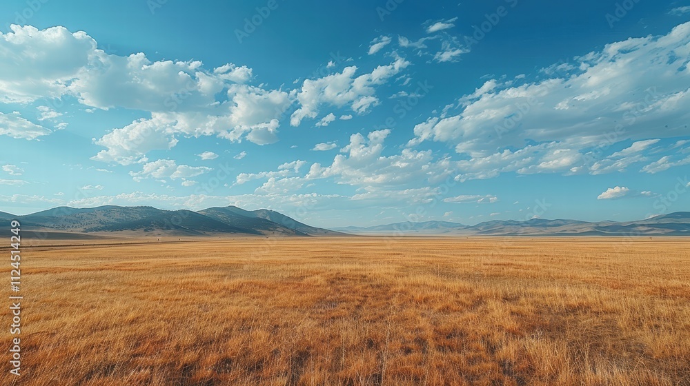 Field of solar and wind hybrid energy installations under a vast sky with distant mountains Field of solar and wind hybrid energy installations under a vast sky with distant mountains