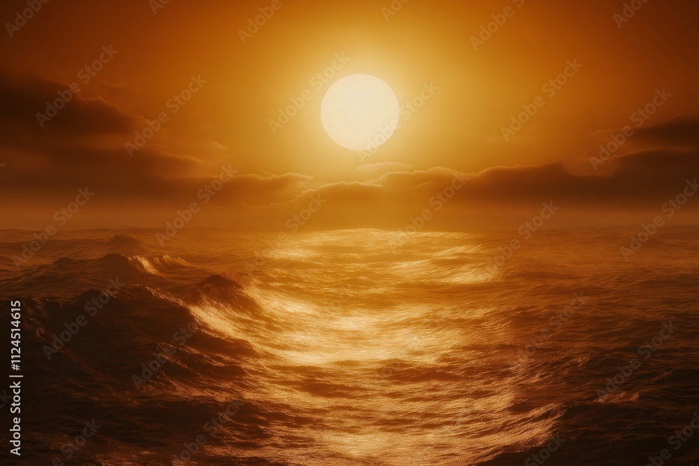 Naklejka premium Ocean waves reflecting golden sunset light under cloudy sky create a dramatic and scenic seascape