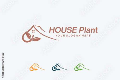 Eco friendly green house logo with leaf and house roof logo symbol, soft color plant house logo