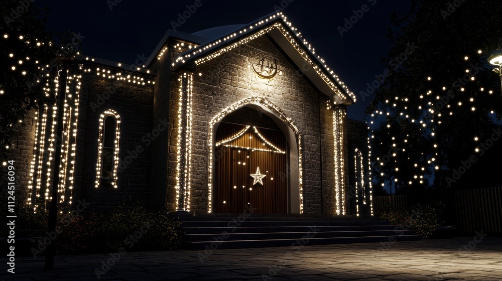 Festive Illuminated Church Facade on a Dark Night Festive Illuminated Church Facade on a Dark Night